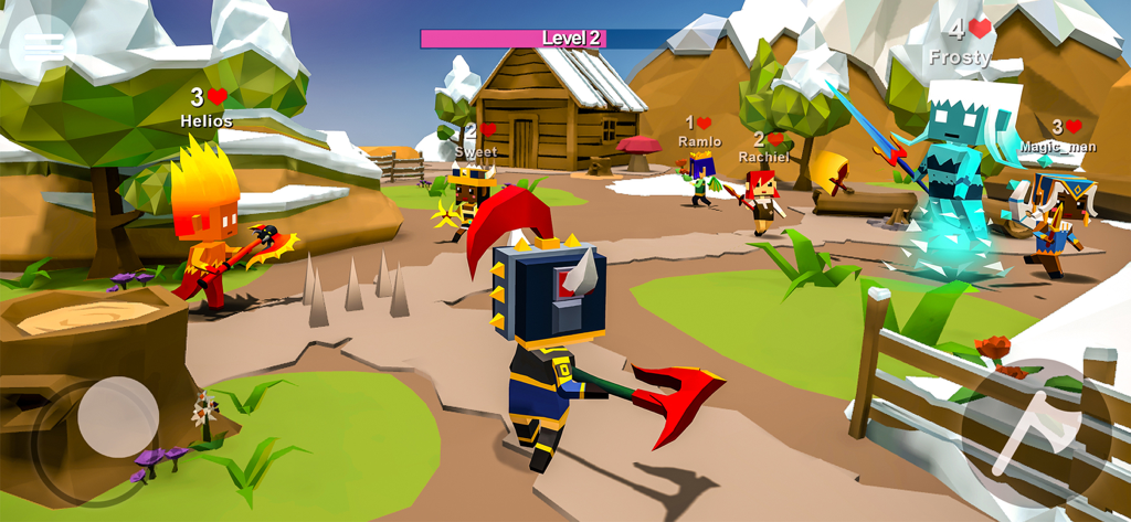 AXES.io – Battle Royale Game - A low-poly battle royale arena in AXES.io showing multiple unique heroes fighting with axes in a snowy landscape.
