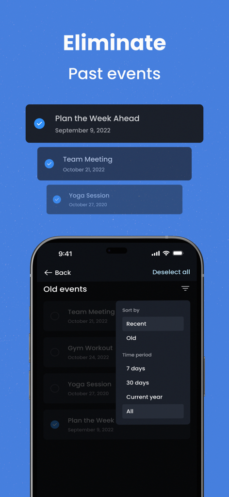 Free Up Storage - Cleanup Guru - Interface de l'application montrant comment éliminer les événements passés du calendrier pour libérer du stockage.