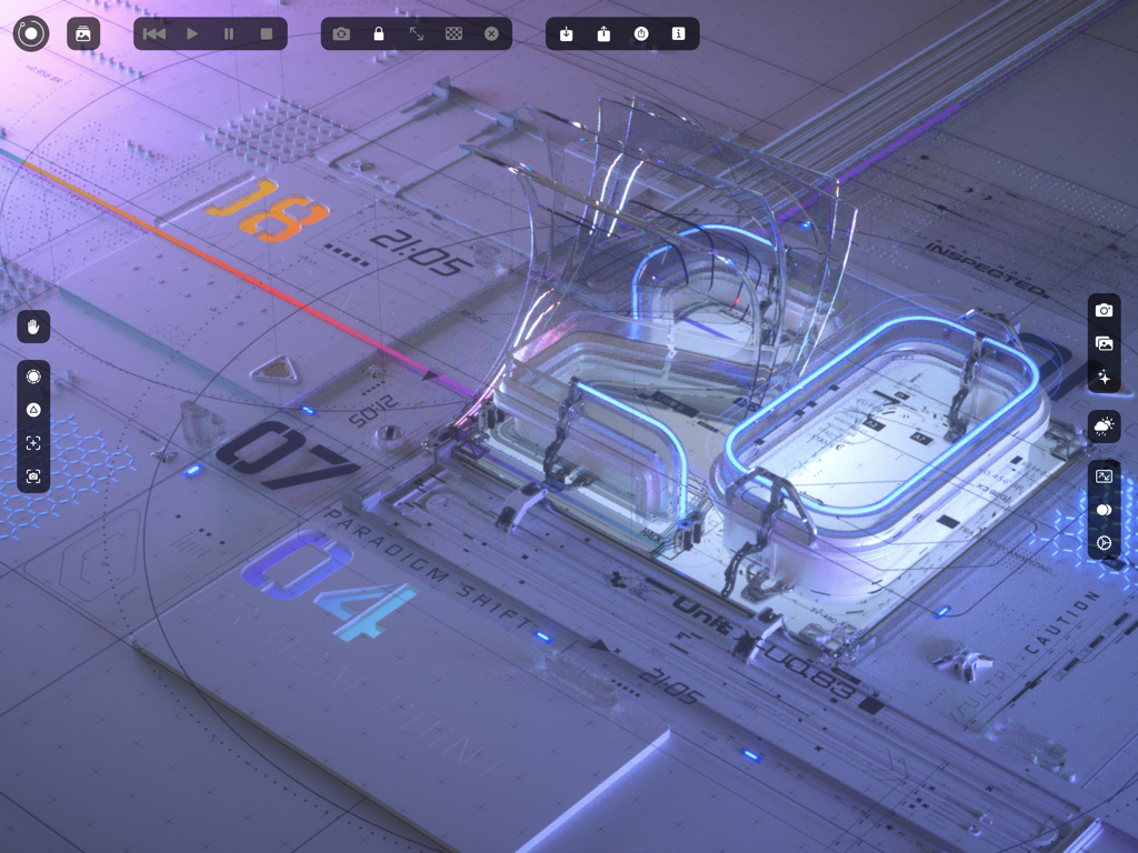 iPad Pro上のOctane Xでレンダリングされた、ネオンライトとガラス構造を持つ未来的な3Dシーン。