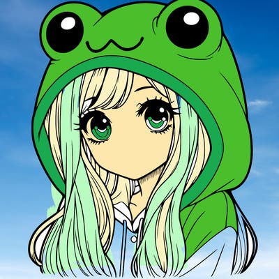 a pretty girl wearing a frog hoodie portrait with long hair