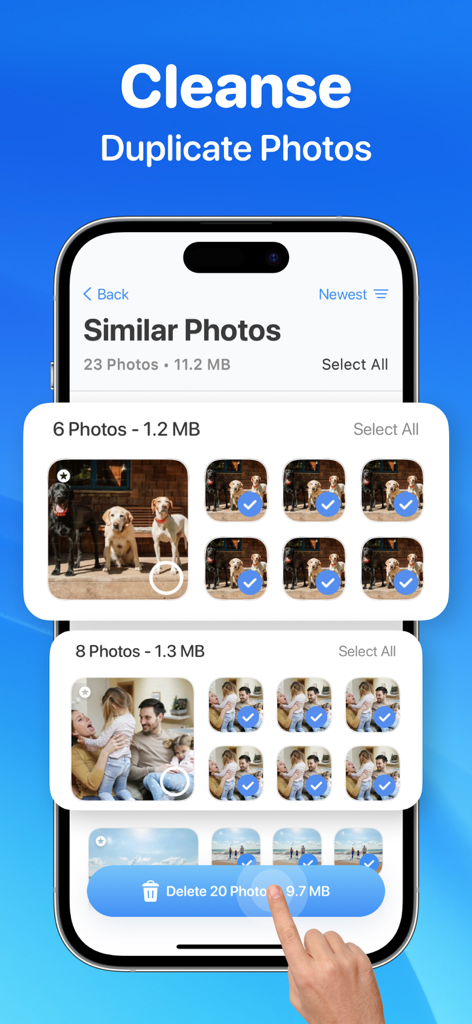 CleanUp Storage 앱 인터페이스는 사용자가 아이폰 갤러리에서 중복 및 유사한 사진을 선택하고 삭제하는 것을 보여줍니다.