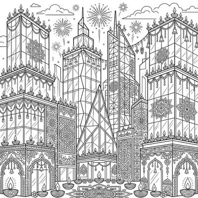 Celebrate Diwali with this intricate coloring page featuring majestic glass skyscrapers decorated for the Festival of Lights. Dive into a world of diyas, rangoli, and fireworks, blending modern architecture with rich cultural tradition.