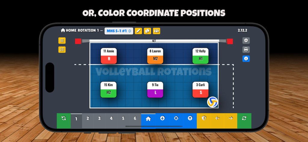Volleyball Rotations - Smartphone displaying a volleyball court with color-coordinated player positions in the Volleyball Rotations app