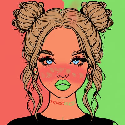 realistic girl with two buns in hair and lips