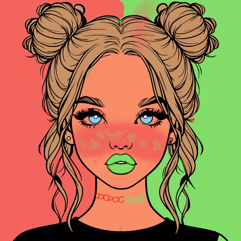 realistic girl with two buns in hair and lips
