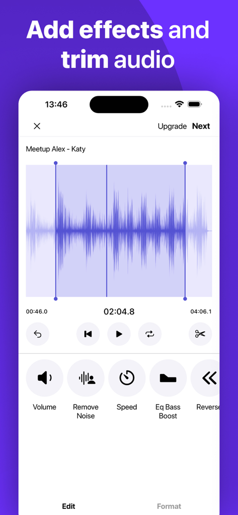Mp3 Converter & Audio Editor - Interface de aplicativo mobile mostrando ferramentas de edição e corte de forma de onda de áudio como bass boost e remoção de ruído.