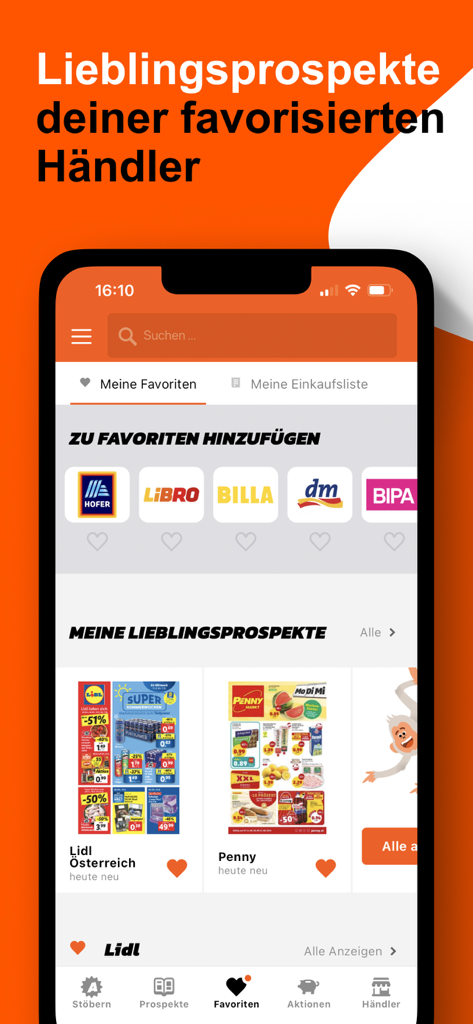Aktionsfinder Austria - Offers - Aktionsfinder app interface showing a list of favorite shopping brochures and retailer logos like Lidl and Penny