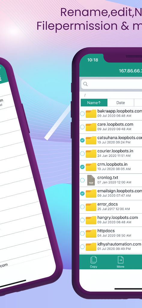 Interface móvel de um aplicativo cliente FTP exibindo uma lista de diretórios e arquivos de servidor com ferramentas de gerenciamento de arquivos.