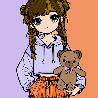 girl in cropped hoodie with pig tail braids and a stuffed bear