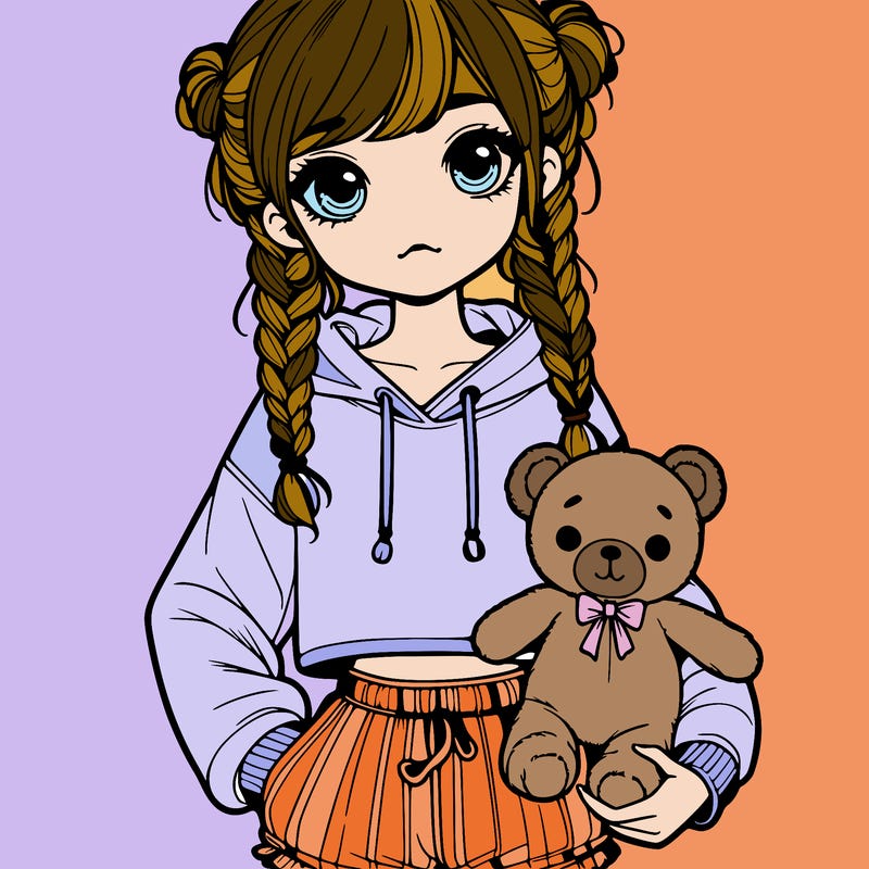 girl in cropped hoodie with pig tail braids and a stuffed bear