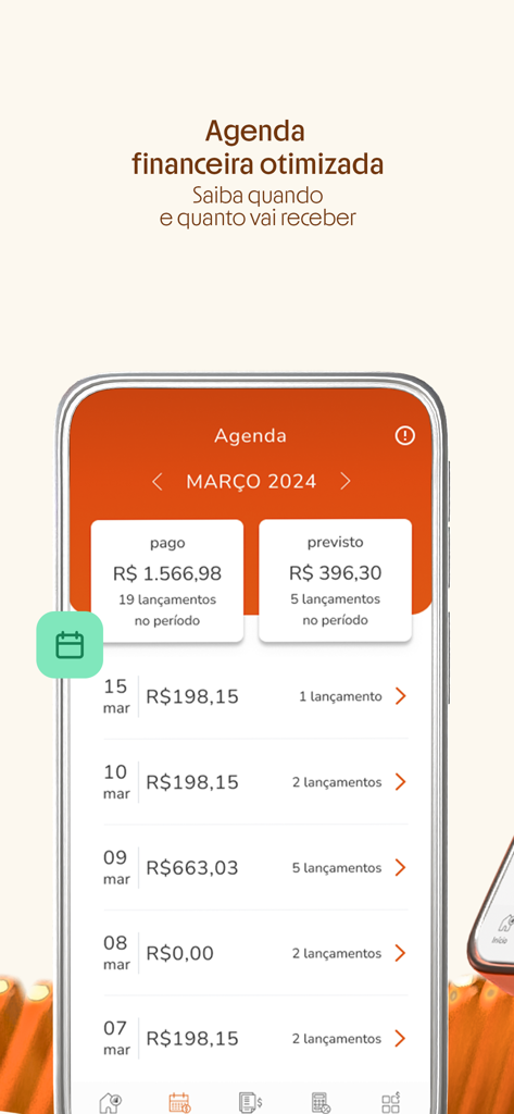 Inter Pag mobile app showing optimized financial agenda with payment details