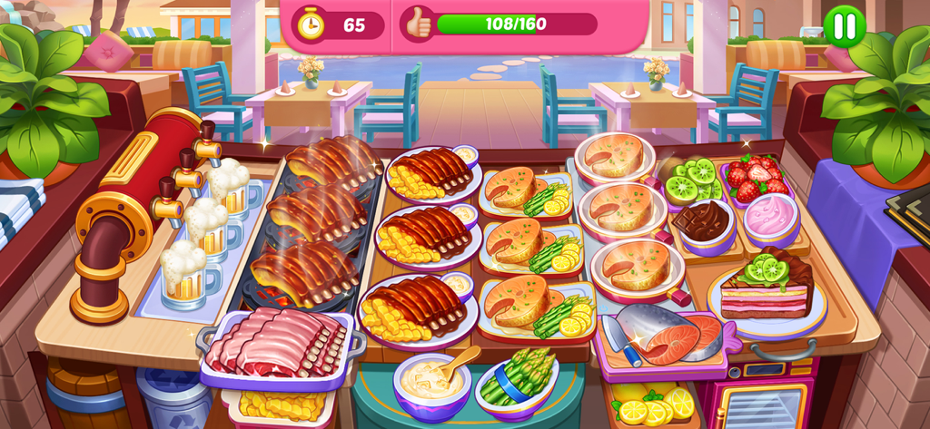 A busy kitchen counter in Cooking Diner Chef Game with various cooked dishes like BBQ ribs and salmon