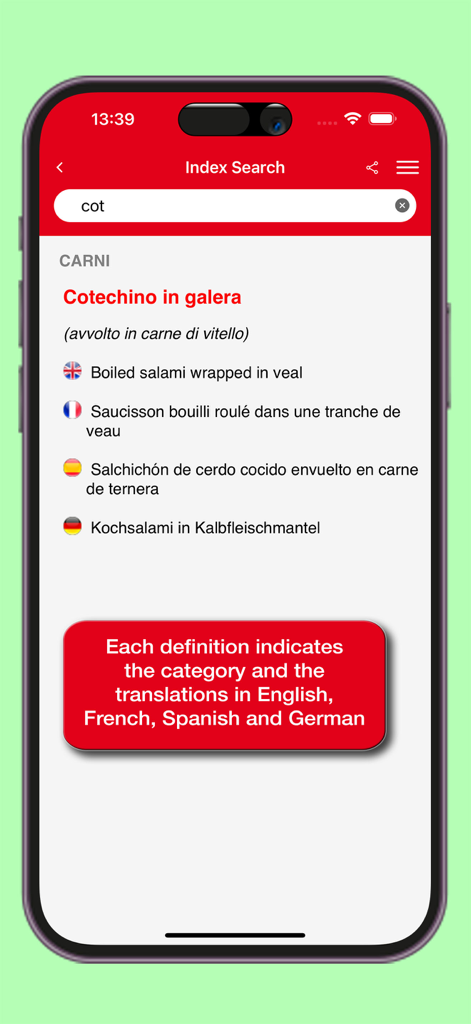 Une capture d'écran de l'interface de l'application Dictionnaire Gastronomique Hoepli montrant les traductions d'un terme culinaire en anglais, français, espagnol et allemand
