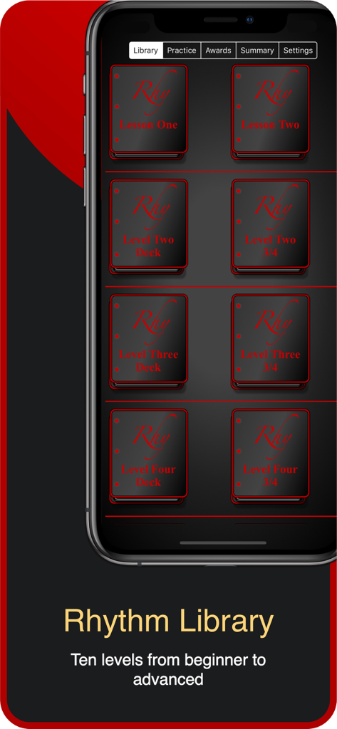 Rhythm Trainer by Rhythmicity - Smartphone screen showing the rhythm library of the Rhythmicity app with levels from beginner to advanced.