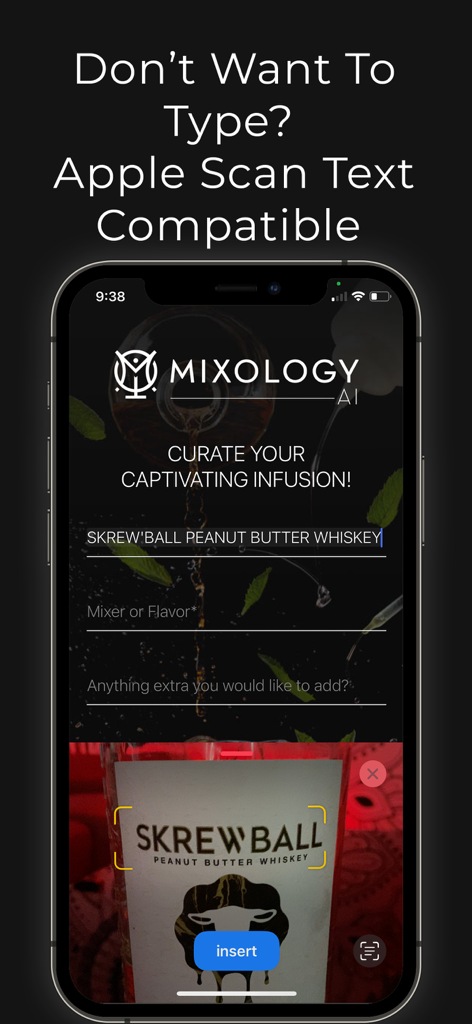 Mixology AI - Interfaz de la aplicación Mixology AI que demuestra la función Apple Scan Text para identificar la etiqueta de una botella de whisky de mantequilla de maní