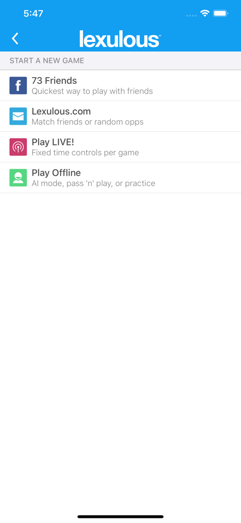 Lexulous Word Game - Main menu of Lexulous app showing options to play with Facebook friends online or play offline against AI