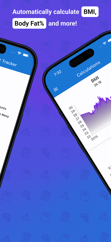 Body Measurement & BMI Tracker - Body Measurement app showing BMI calculations and a historical progress graph on a smartphone.