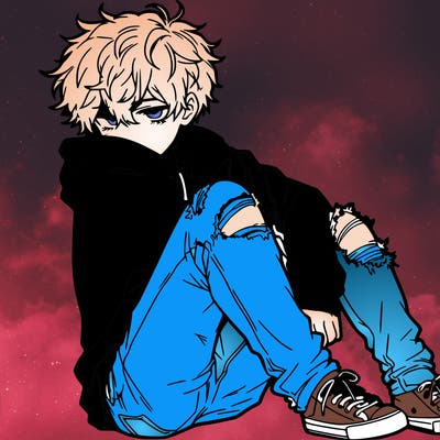 a male hoddie ripped jeans messy hair anime