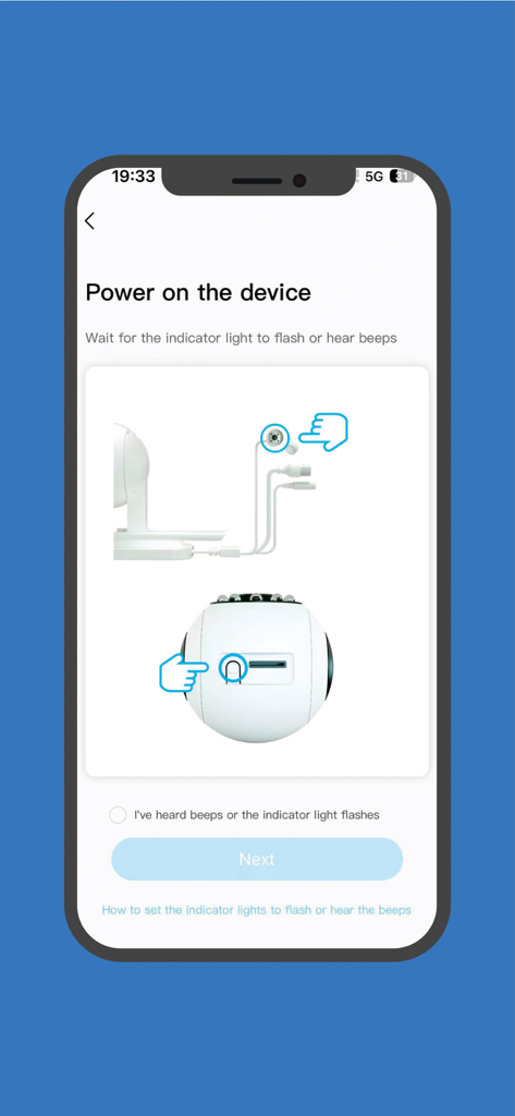 LooK Camera - Look Camera app interface showing visual instructions for powering on a smart camera during setup