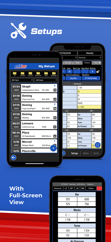 PitLogic - PitLogic app displaying digital race car setup sheets and full screen technical data view