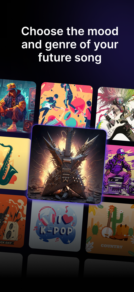 AI Song Generator: Make Cover - A selection of musical genre and mood options for AI generated songs including K-Pop and Country