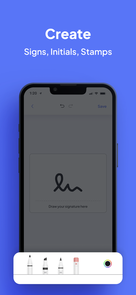SignDocu app screen showing an iPhone interface for drawing digital signatures and initials with various pen tools