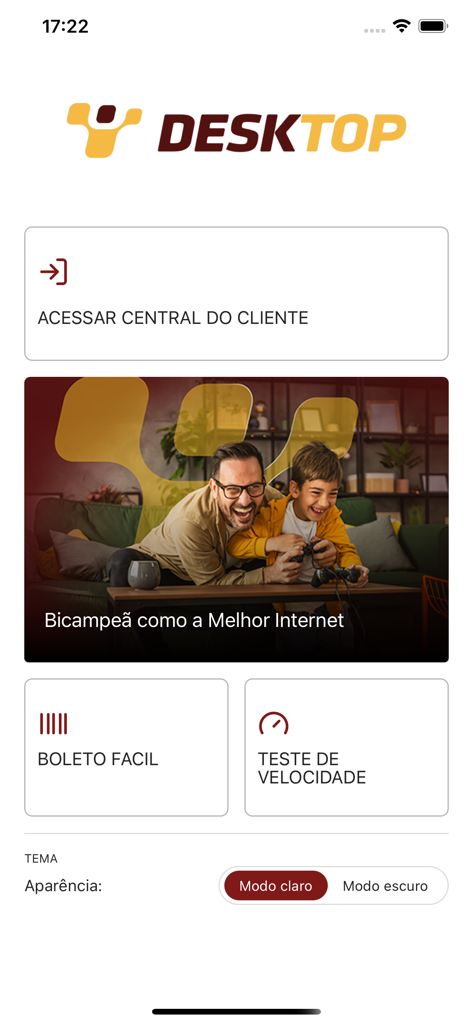 Desktop - Interface of the Desktop fiber internet app home screen featuring access to customer center and speed test tools