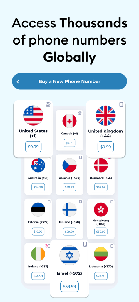 Screen displaying multiple countries and prices for purchasing virtual phone numbers in the SMSVerify app