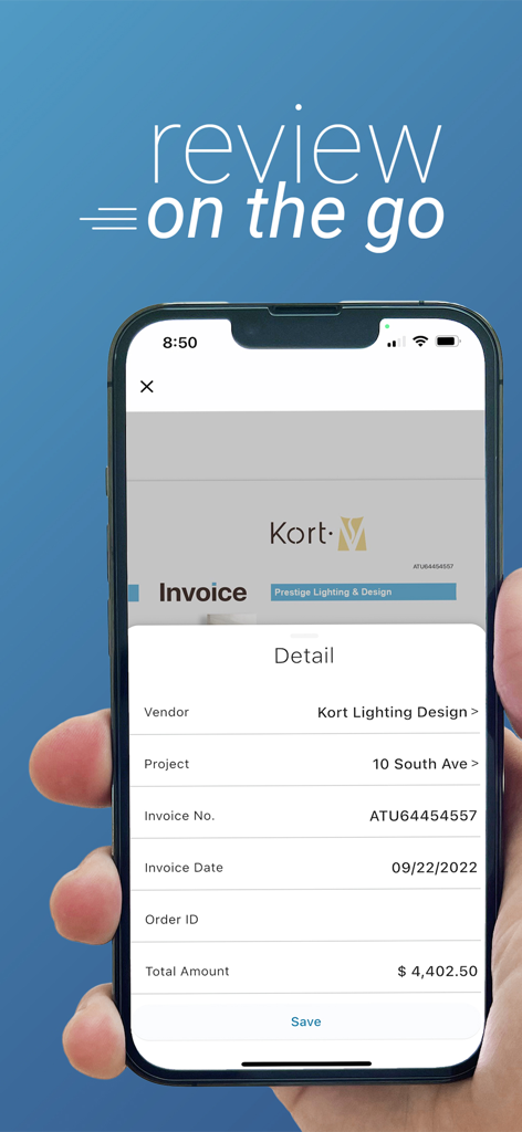 inBuild - A smartphone displaying the inBuild app interface for reviewing construction project invoice details on the go.