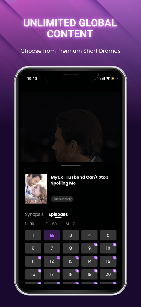 SnackShort mobile app interface showing the episode selection grid for a short-form drama titled My Ex-Husband Cant Stop Spoiling Me.