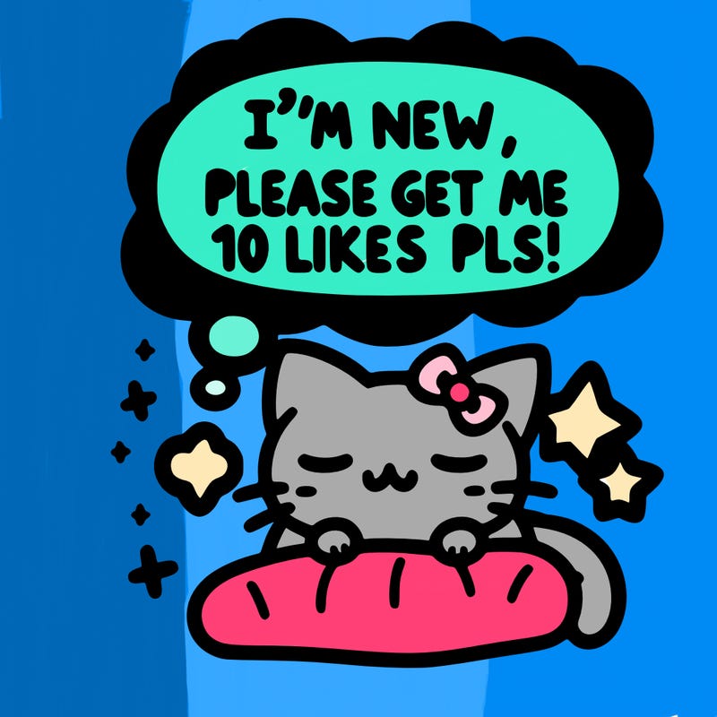 kitty taking a nap dream talking and saying "i'm new, please get me at least 10 likes pls!!"