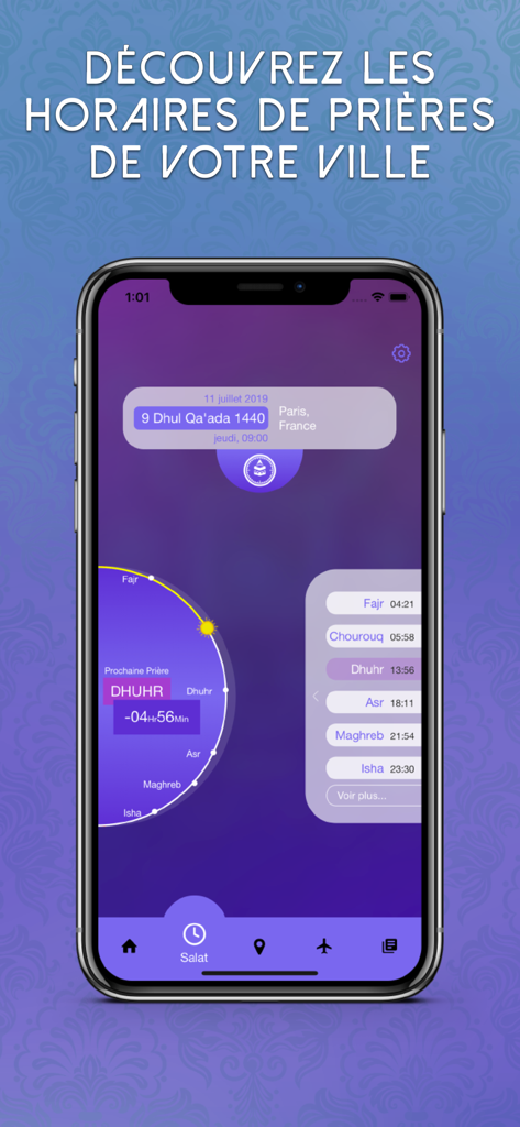 Smartphone screen displaying daily Islamic prayer times and a countdown in the Omra and Hajj app.