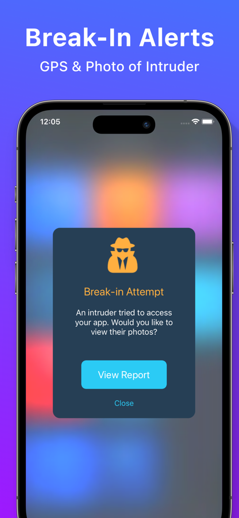 MaxVault - Photo & Video Vault - Smartphone screen showing a break-in attempt notification with intruder photo and GPS alert