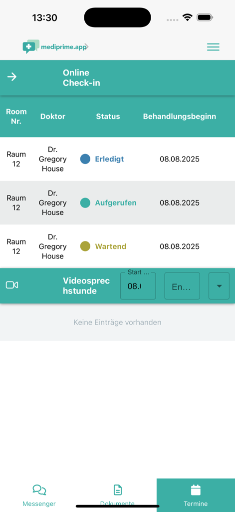 mediprime.app - Mediprime App Online-Check-in-Oberfläche, die den Terminstatus des Patienten und die Raumnummern anzeigt.