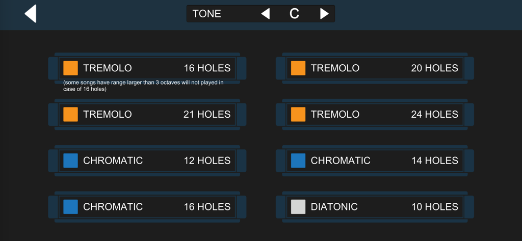Harmonica Tab Pro - Menu for choosing tremolo chromatic or diatonic harmonica types and hole numbers
