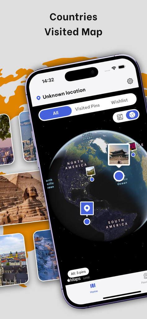 been: countries visited map - Interfaccia dell'app 'been countries visited map' che mostra un globo 3D con segnaposti e foto di viaggi su uno schermo di iPhone.