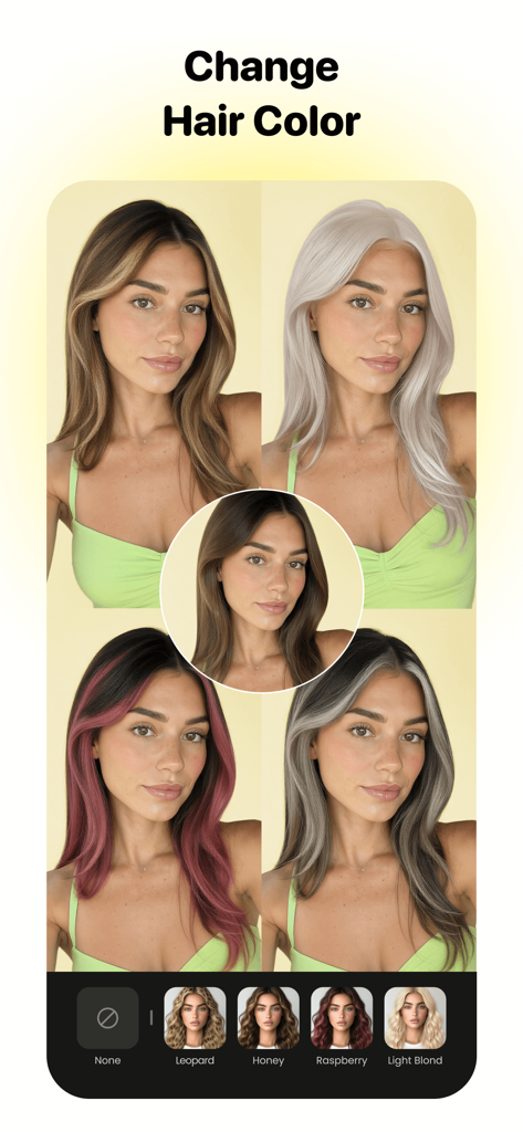 PhotoCat - Enhancer & Cleaner - Una mujer demostrando la función de cambio de color de cabello IA con varios resultados de diferentes colores de cabello.