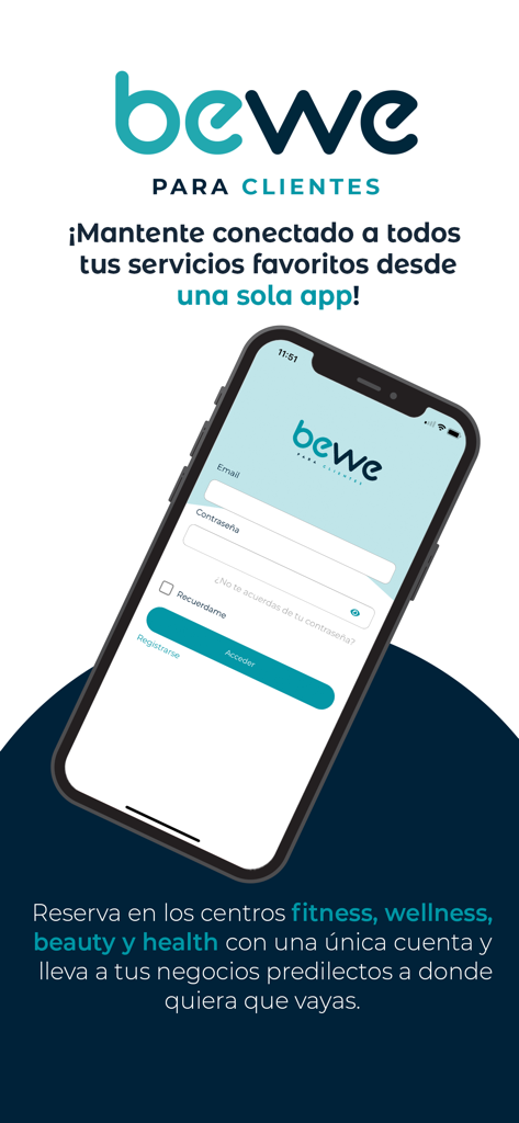 Bewe para clientes - Bewe para clientes mobile app splash screen with a login interface for booking wellness and beauty services
