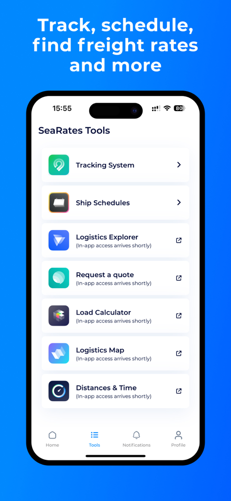 SeaRates - Screenshot of the SeaRates app tools menu listing tracking and shipping features