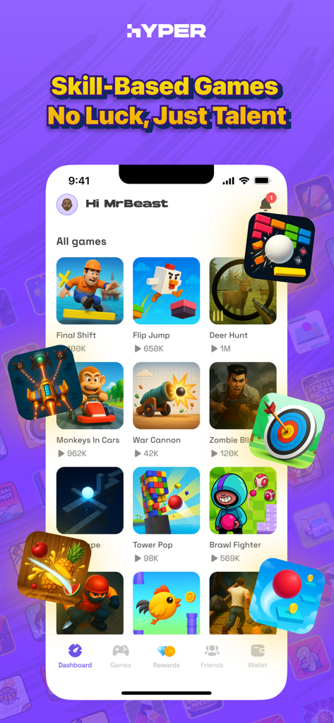 Hyper app dashboard showcasing a library of skill-based mini-games for cash prizes.