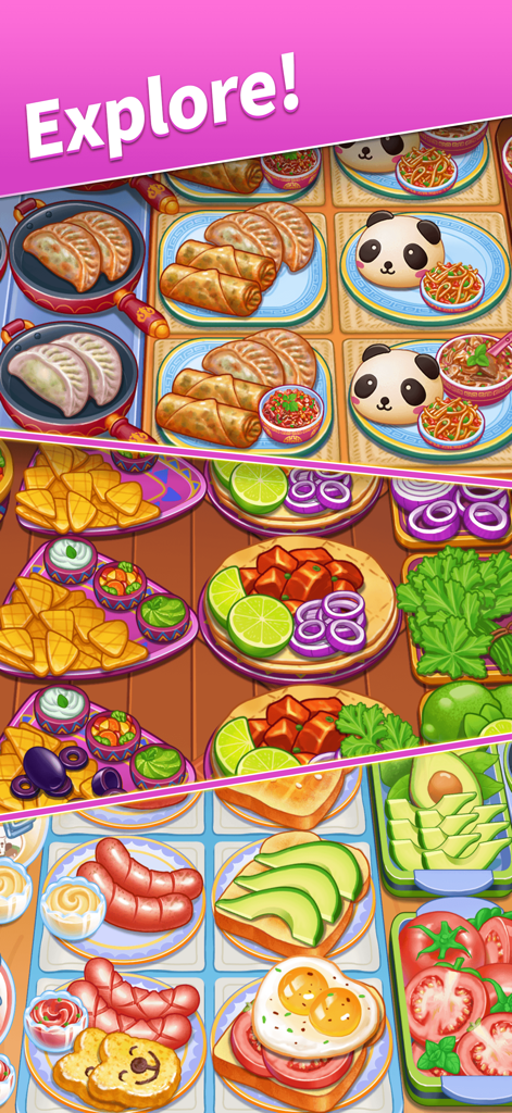 A vibrant display of international dishes including Chinese dim sum, Mexican tacos, and classic breakfast items.