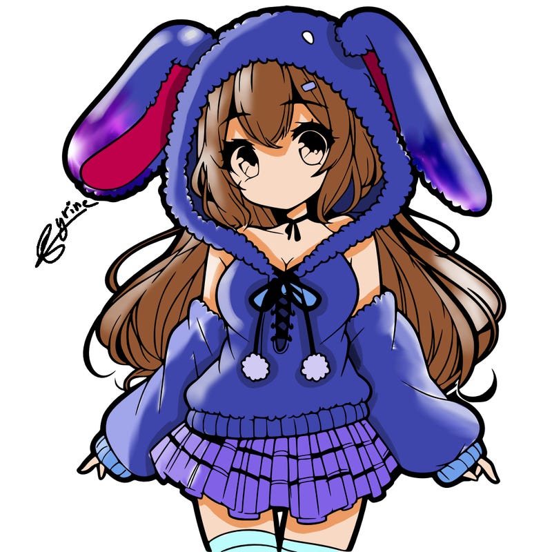 pretty anime girl wearing a fluffy hoodie with bunny ears on the hood and a skirt