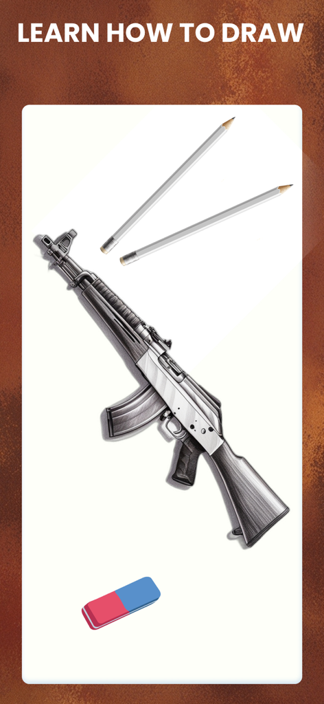 How to draw Weapons by Steps - A detailed drawing of an AK-47 rifle with pencils and an eraser on a white canvas.