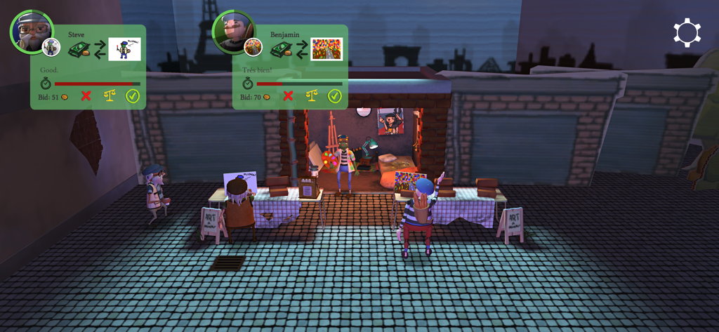 Passpartout: Starving Artist - Passpartout Starving Artist gameplay showing customers bidding on artwork at a street stall