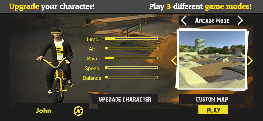 BMX FE3D 2 - A game menu screen showing character stats for jump air and speed alongside an arcade mode game selection