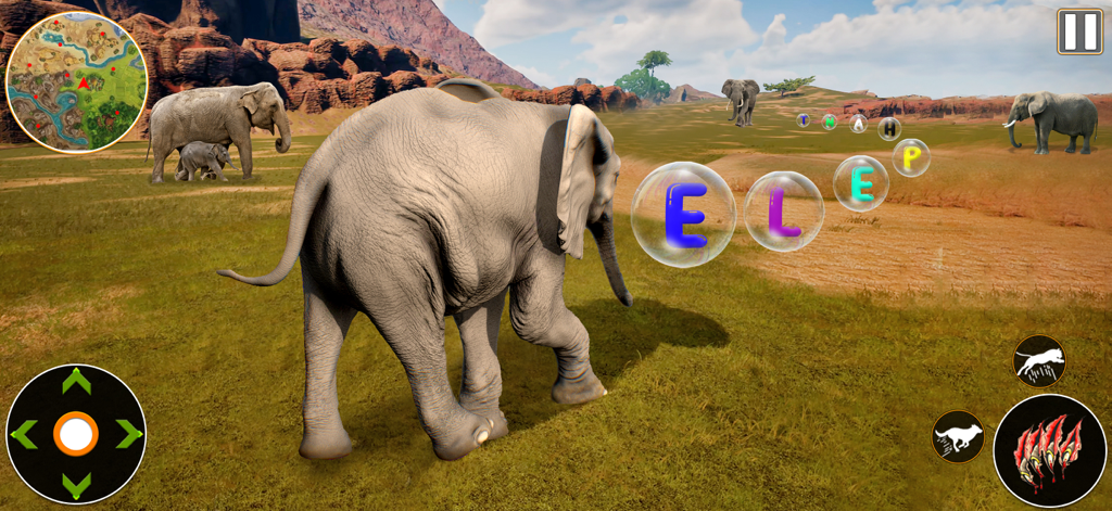 ABC Animal Game: Word Collect - Jugabilidad de simulador de elefante donde los jugadores recolectan letras flotantes para deletrear nombres de animales en un entorno de jungla 3D.