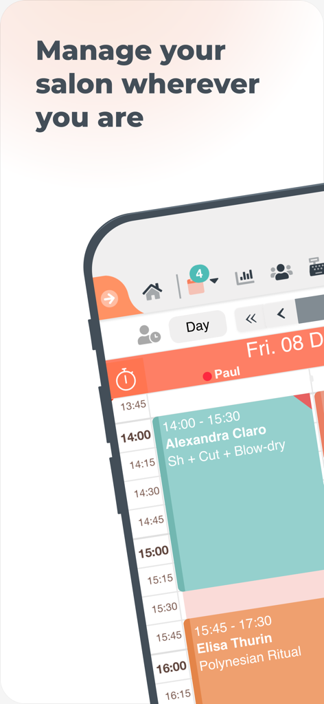 Salonkee PRO - Interfaccia dell'app mobile Salonkee PRO che mostra un calendario di appuntamenti giornalieri per i professionisti del salone