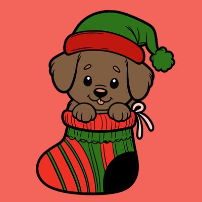 cute puppy wearing santa hat in socking
