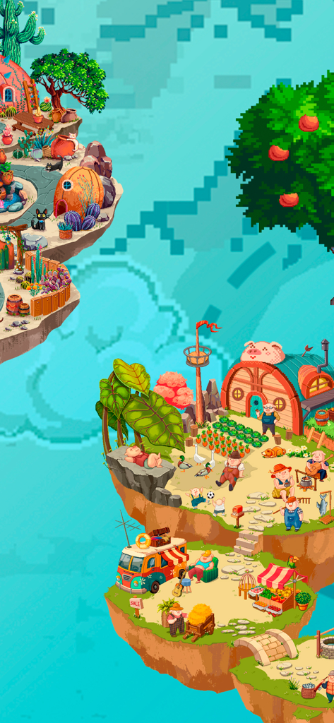 Color Island: Pixel Art Puzzle - Vibrant pixel art scene featuring floating islands with a farm and cozy village in Color Island