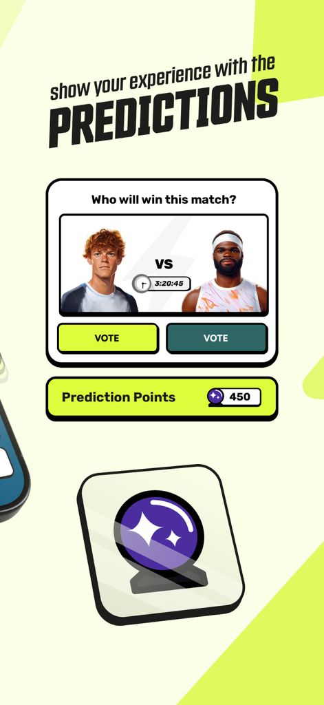 Ace Cream - Fantasy Tennis - A mobile interface for the Ace Cream app showing a match prediction screen where users can vote on who will win between two tennis players to earn points.